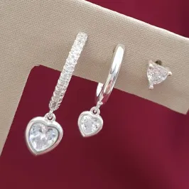 Brinco Trio Argola Coração Cravejado