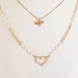 Colar Duplo Mãe Coração e Pérolas