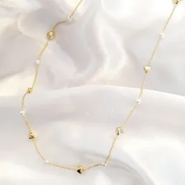 Colar Longo Corações e Pérolas 80cm