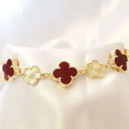 Pulseira Trevos Vinho e Flores Ouro