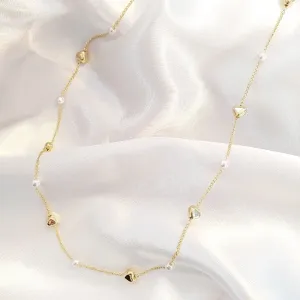 Colar Longo Corações e Pérolas 80cm