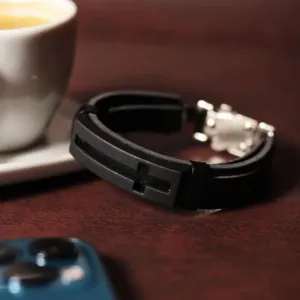 Pulseira Couro Cruz Preta