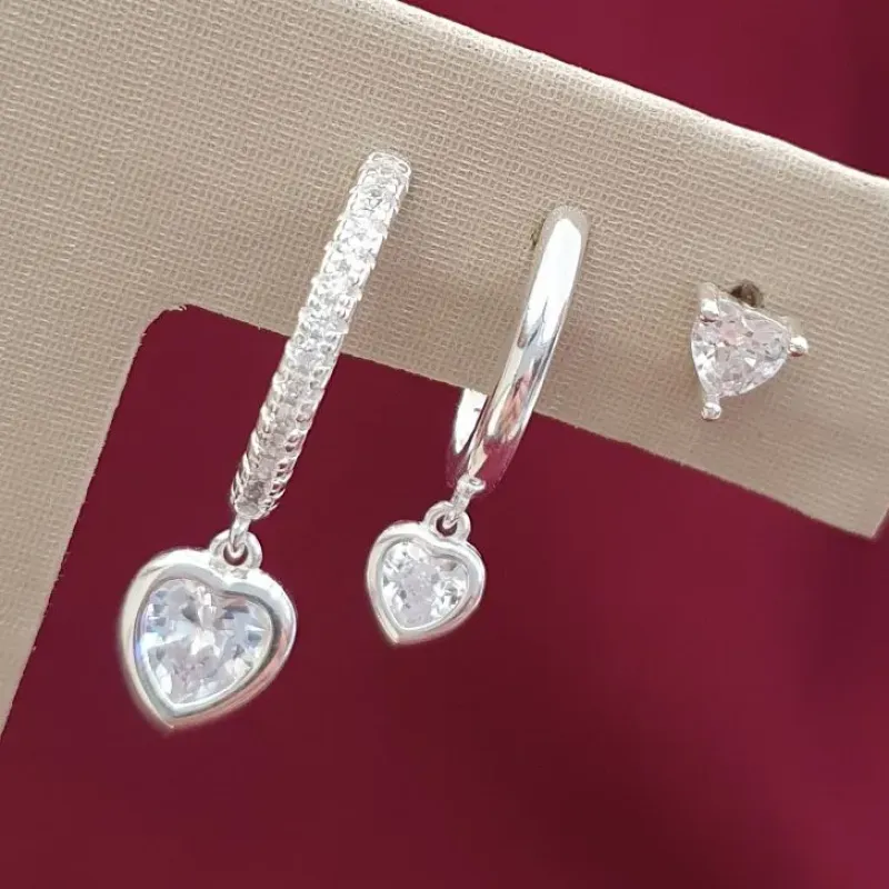 Brinco Trio Argola Coração Cravejado