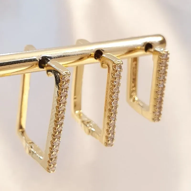 Brinco Trio Argolinha Retangular Cravejada