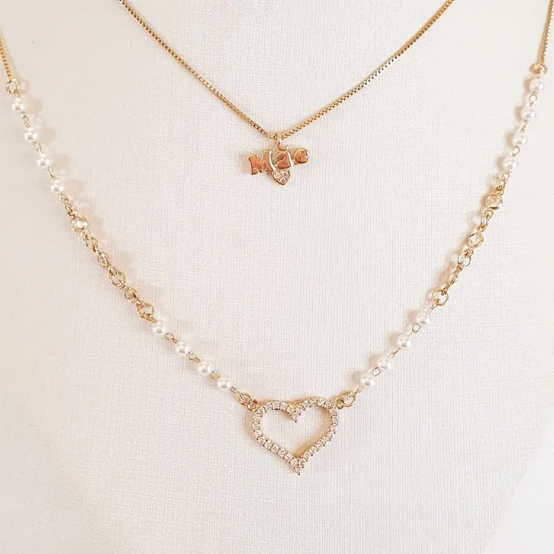 Colar Duplo Mãe Coração e Pérolas