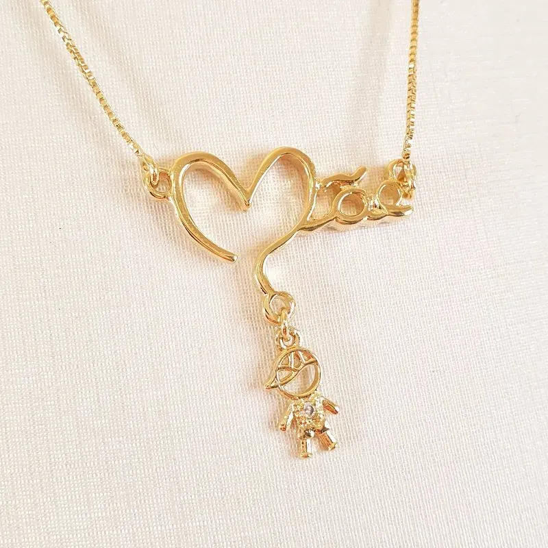 Colar Mãe Coração com Menino Cravejado