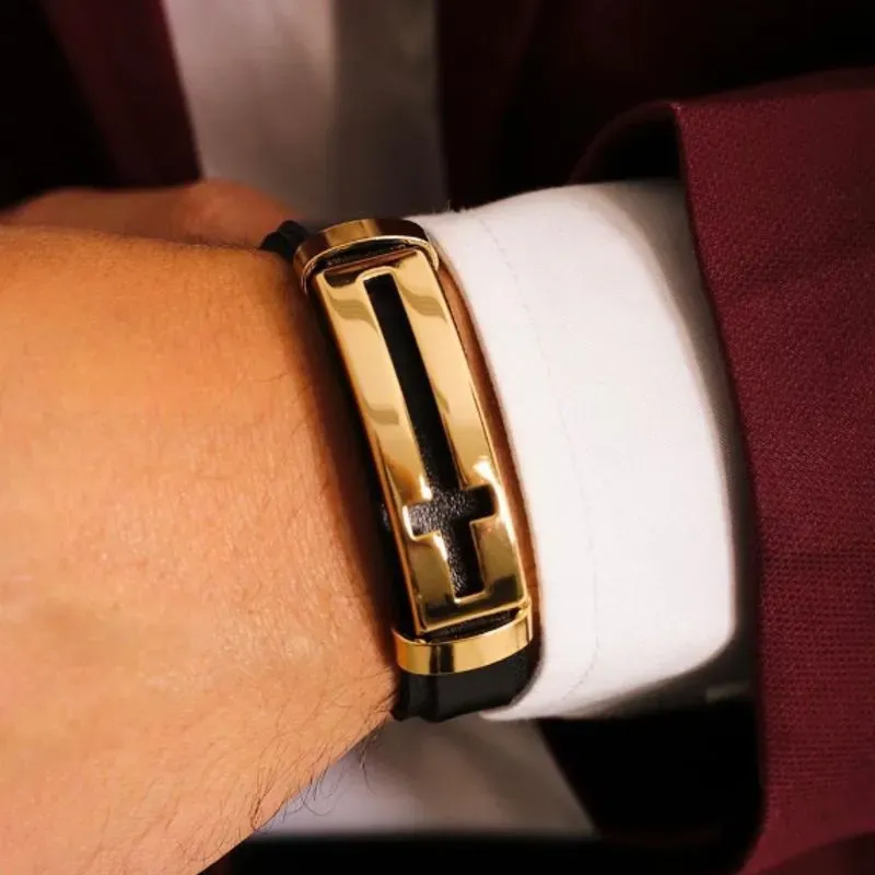 Pulseira Couro Cruz Ouro