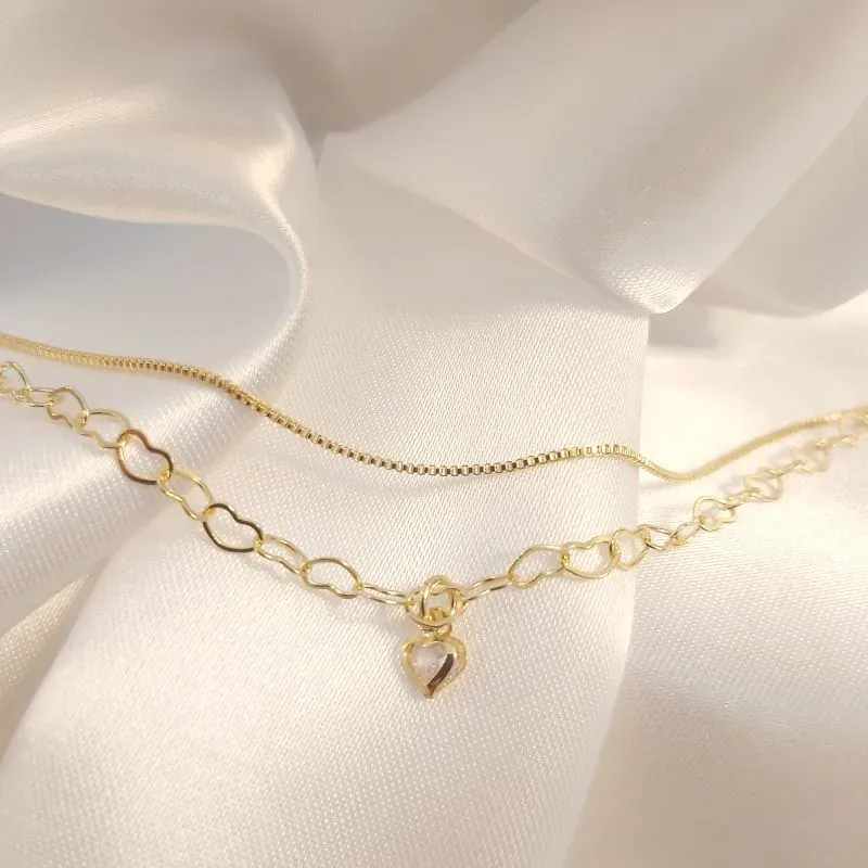 Pulseira Dupla Veneziana e Elos Corações