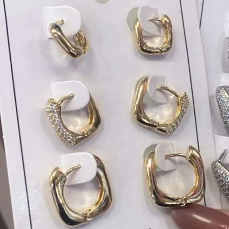 Brinco Trio Argolas Quadradas Lisas e Cravejadas