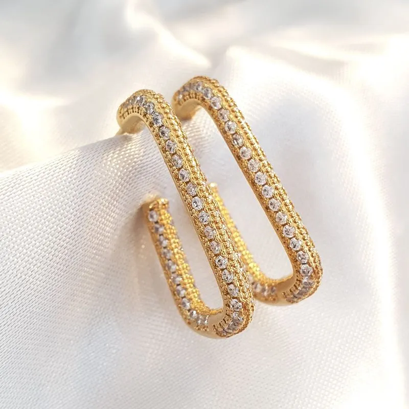 Brinco Argola Retangular Toda Cravejada