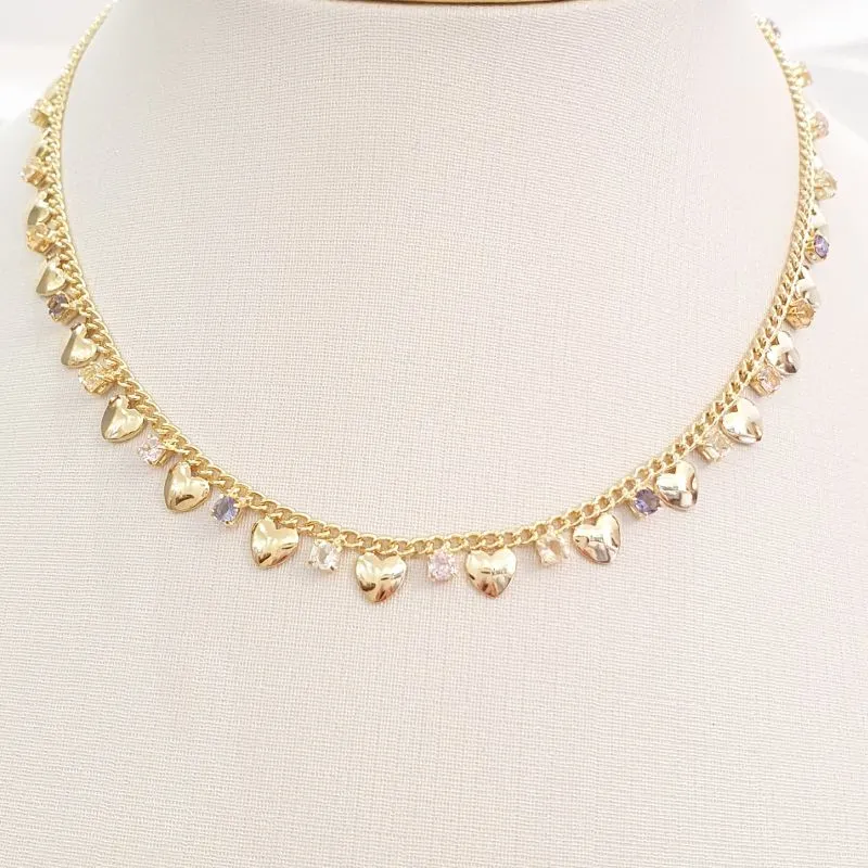 Colar Corações e Zircônias Coloridas (choker)