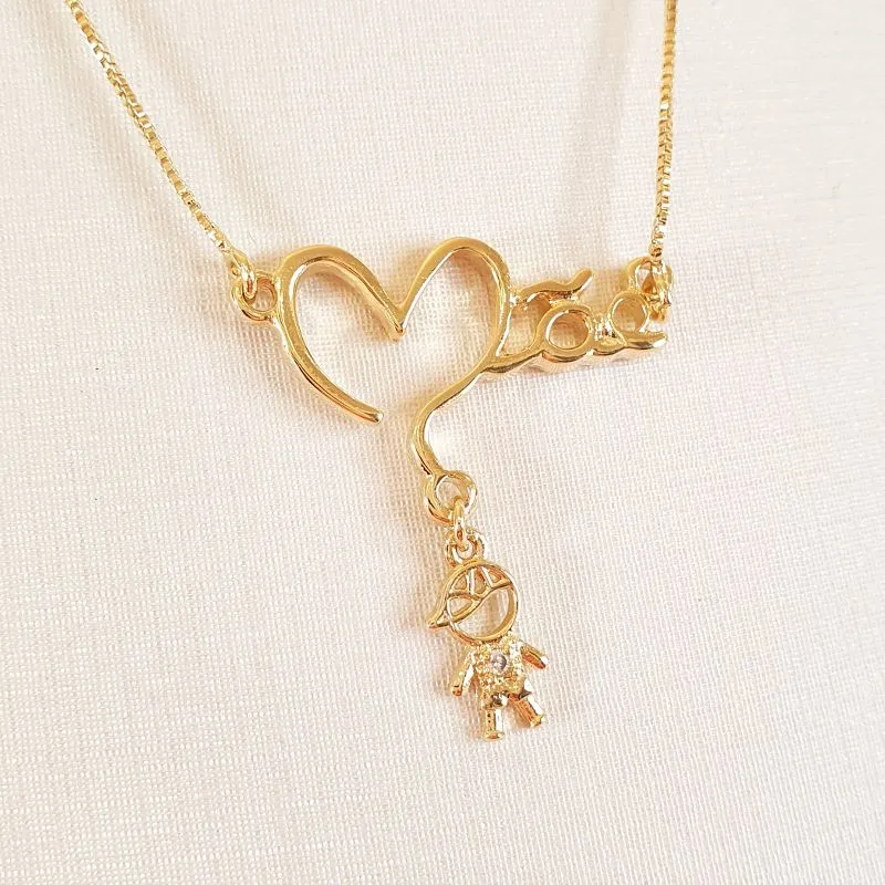 Colar Mãe Coração com Menino Cravejado