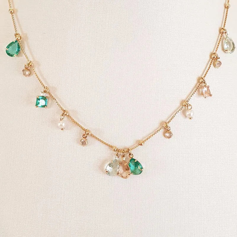 Colar Zircônias Gotas Coloridas e Pérolas