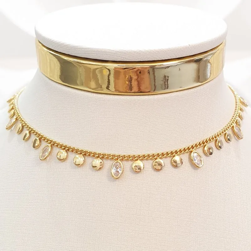 Colar Zircônias Ovais e Chapinhas (choker - Promocional)