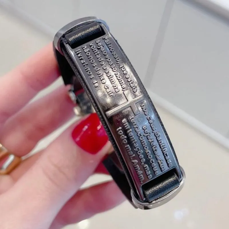 Pulseira Couro Pai Nosso Ródio