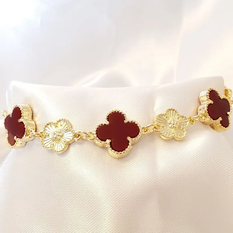 Pulseira Trevos Vinho e Flores Ouro