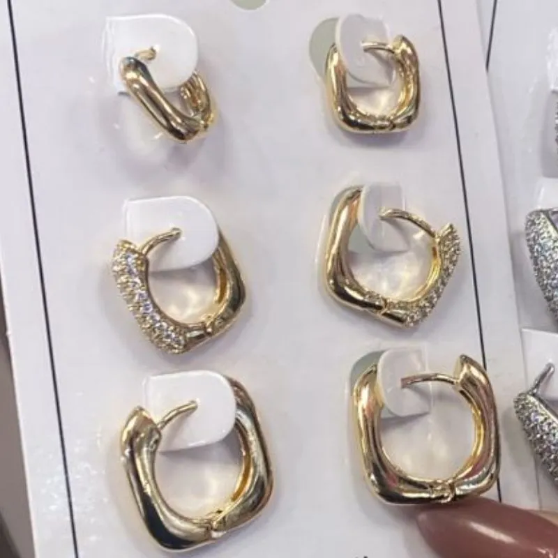 Brinco Trio Argolas Quadradas Lisas e Cravejadas